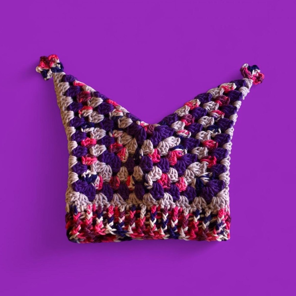crochet multi purple and pink colored jester hat with mini stars HANDMADE